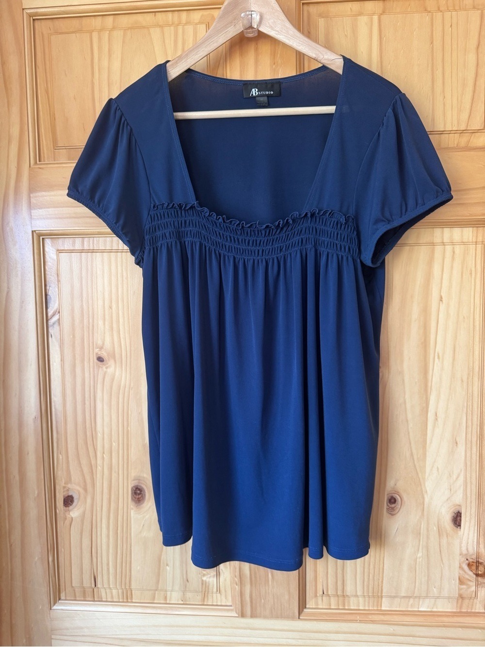 AB Studio Navy Cap Sleeve Smocked Yoke Square Neck Top size medium
